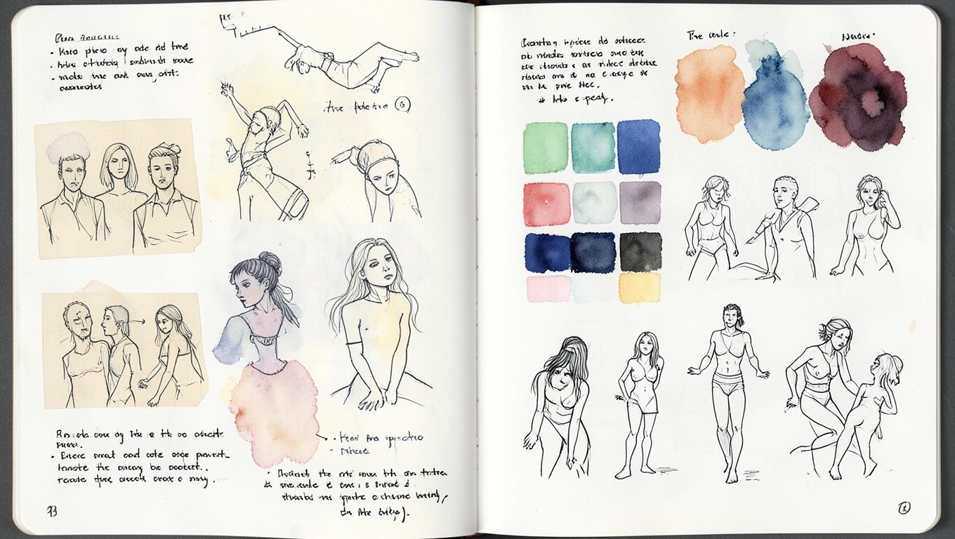 Carnet de croquis ouvert, aquarelles et notes